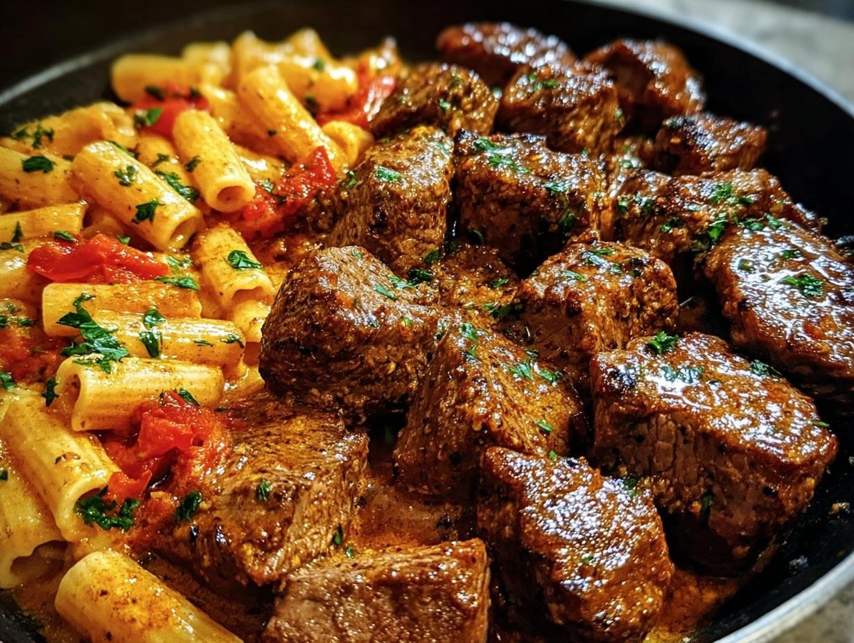 A close-up of Cajun Steak Tips in Sauce served with pasta, garnished with fresh herbs.