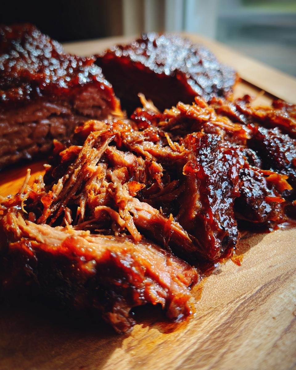 Close-up of caramelized pulled beef brisket on a wooden cutting board, glistening with sauce.