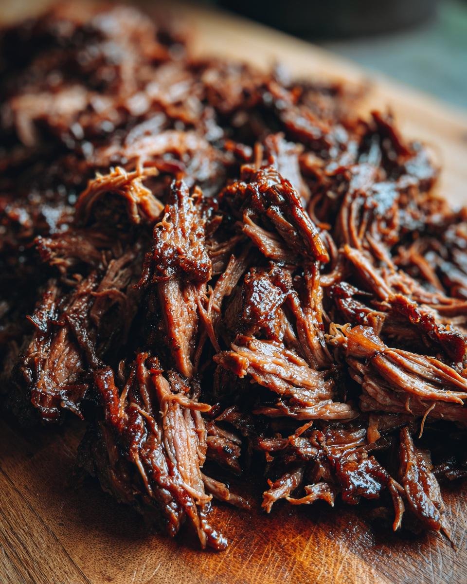 A close-up of caramelized pulled beef brisket, showcasing its rich color and texture.