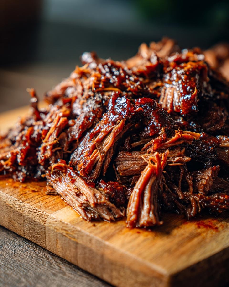 Close-up of delicious Caramelized Pulled Beef Brisket piled on a wooden cutting board, ready to serve.