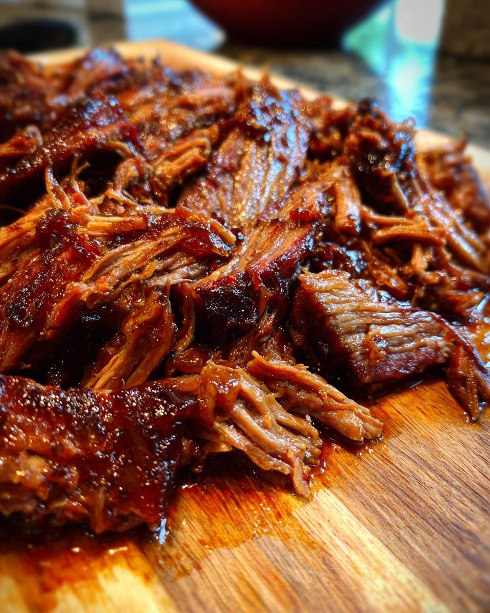 Close-up of caramelized pulled beef brisket on a wooden cutting board, showcasing its rich color and texture.