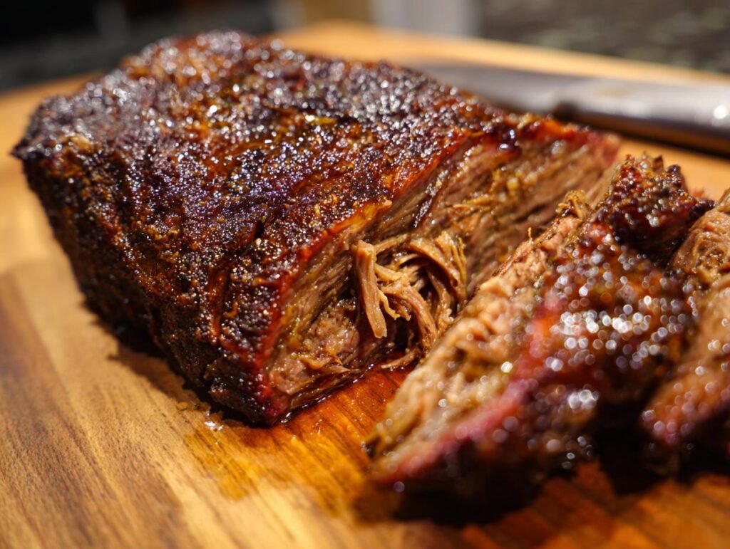 Close-up of sliced Caramelized Pulled Beef Brisket with a rich, dark crust on a wooden cutting board.
