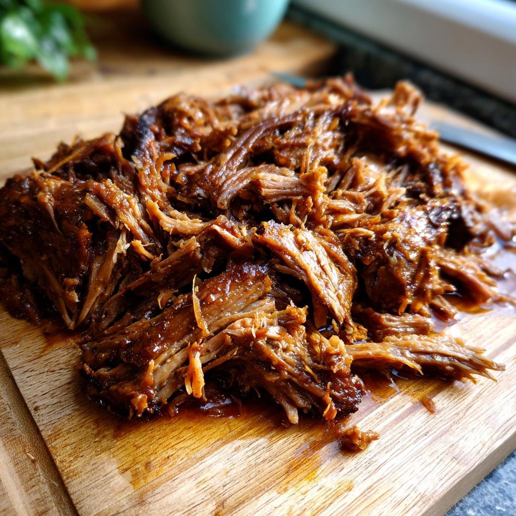 Close-up of caramelized pulled beef brisket on a wooden cutting board, glistening with sauce.