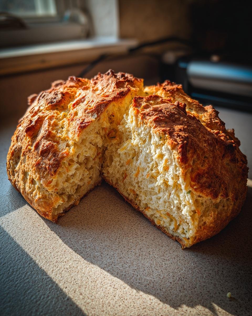 Golden brown Cheddar and Herb Soda Bread loaf, partially sliced, showing the texture and ingredients.