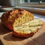 A loaf of Cheddar and Herb Soda Bread with a slice cut, showing the texture and ingredients.
