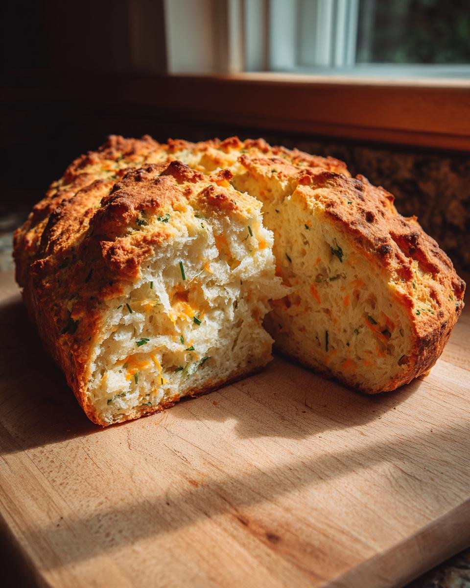 A golden Cheddar and Herb Soda Bread loaf, partially sliced, sits on a wooden cutting board near a window.