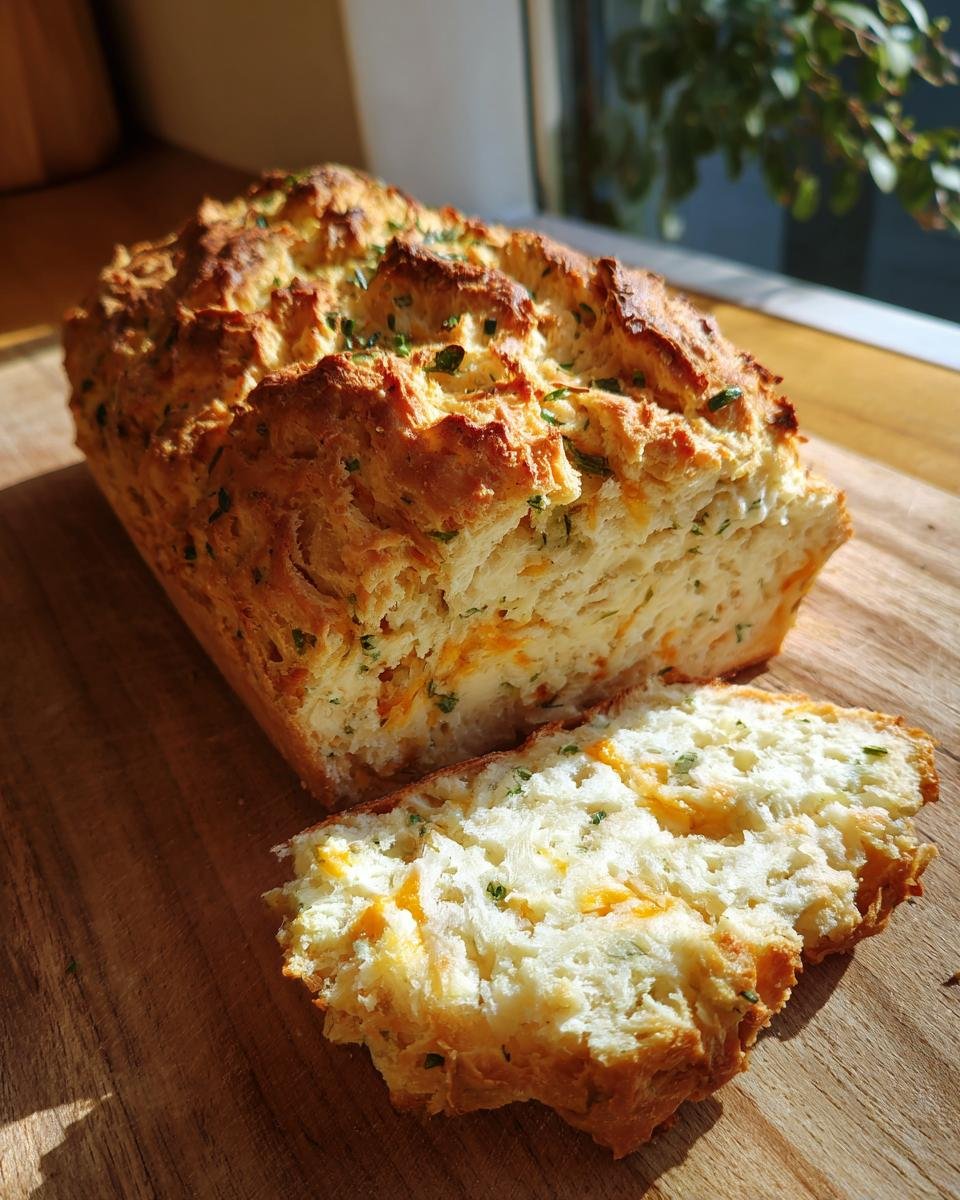 A loaf of Cheddar and Herb Soda Bread with a slice cut, showing the cheesy, herby interior.