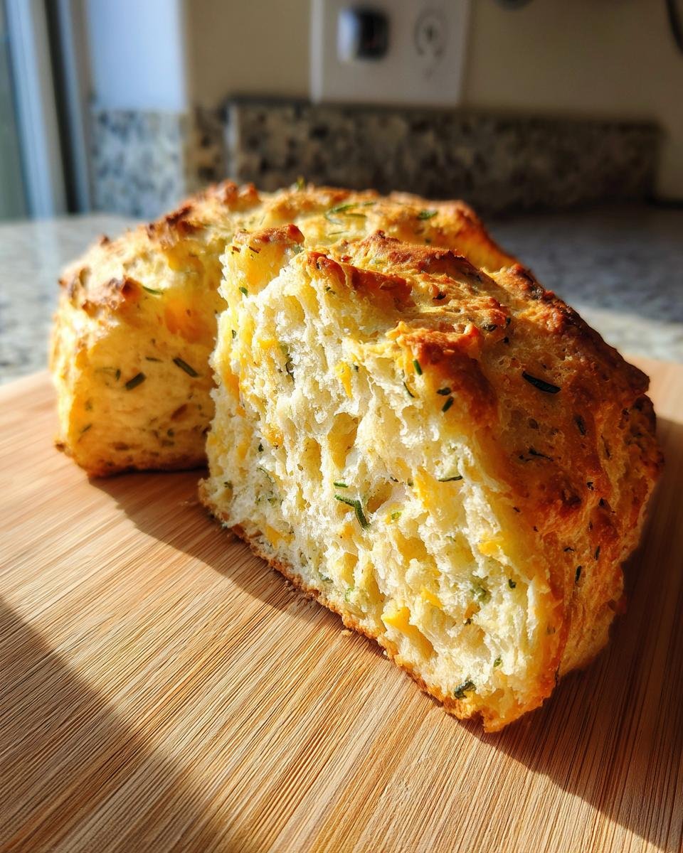 Close-up of sliced Cheddar and Herb Soda Bread on a wooden board, showcasing the cheddar and herb flecks.