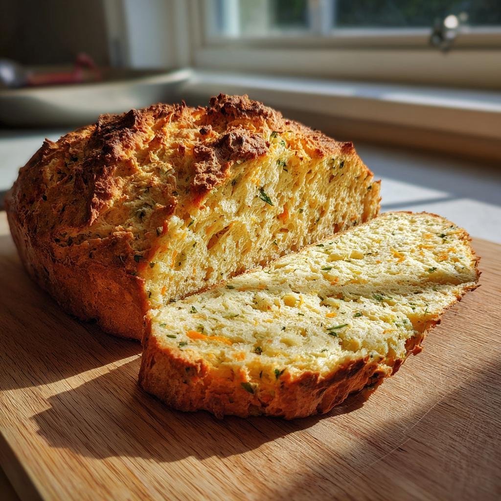 A loaf of Cheddar and Herb Soda Bread with a slice cut, showing the texture and ingredients.