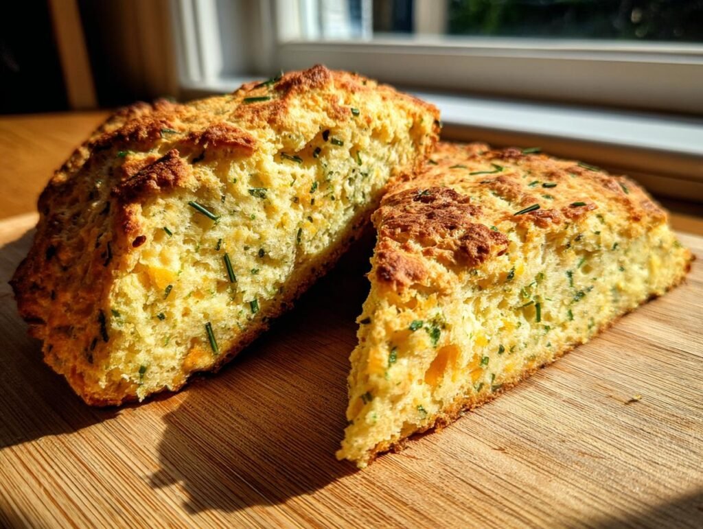 Two slices of golden Cheddar and Herb Soda Bread on a wooden board, flecked with herbs and cheese.