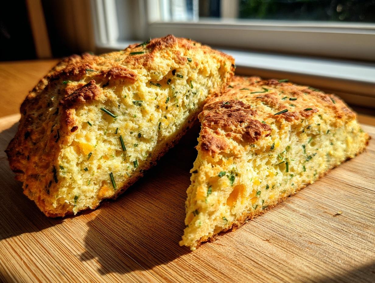 Two slices of golden Cheddar and Herb Soda Bread on a wooden board, flecked with herbs and cheese.