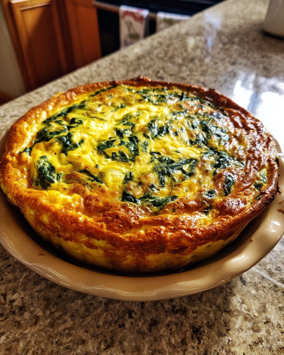 A freshly baked Cheese and Spinach Crustless Quiche on a plate, showcasing its golden-brown top.