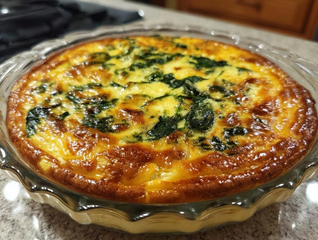 A freshly baked Cheese and Spinach Crustless Quiche in a glass pie dish, golden brown and ready to serve.