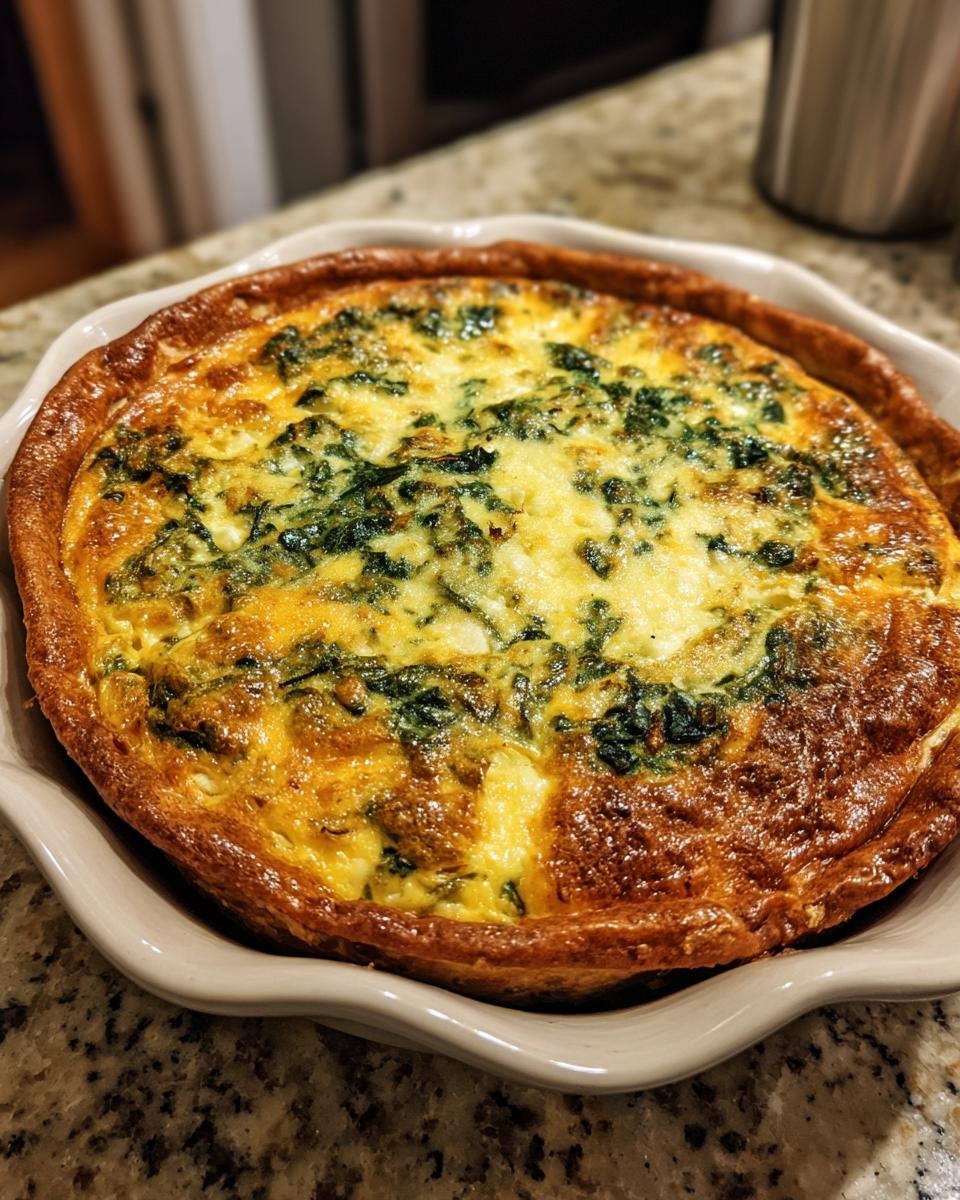 A freshly baked Cheese and Spinach Crustless Quiche in a pie dish, golden brown and ready to serve.