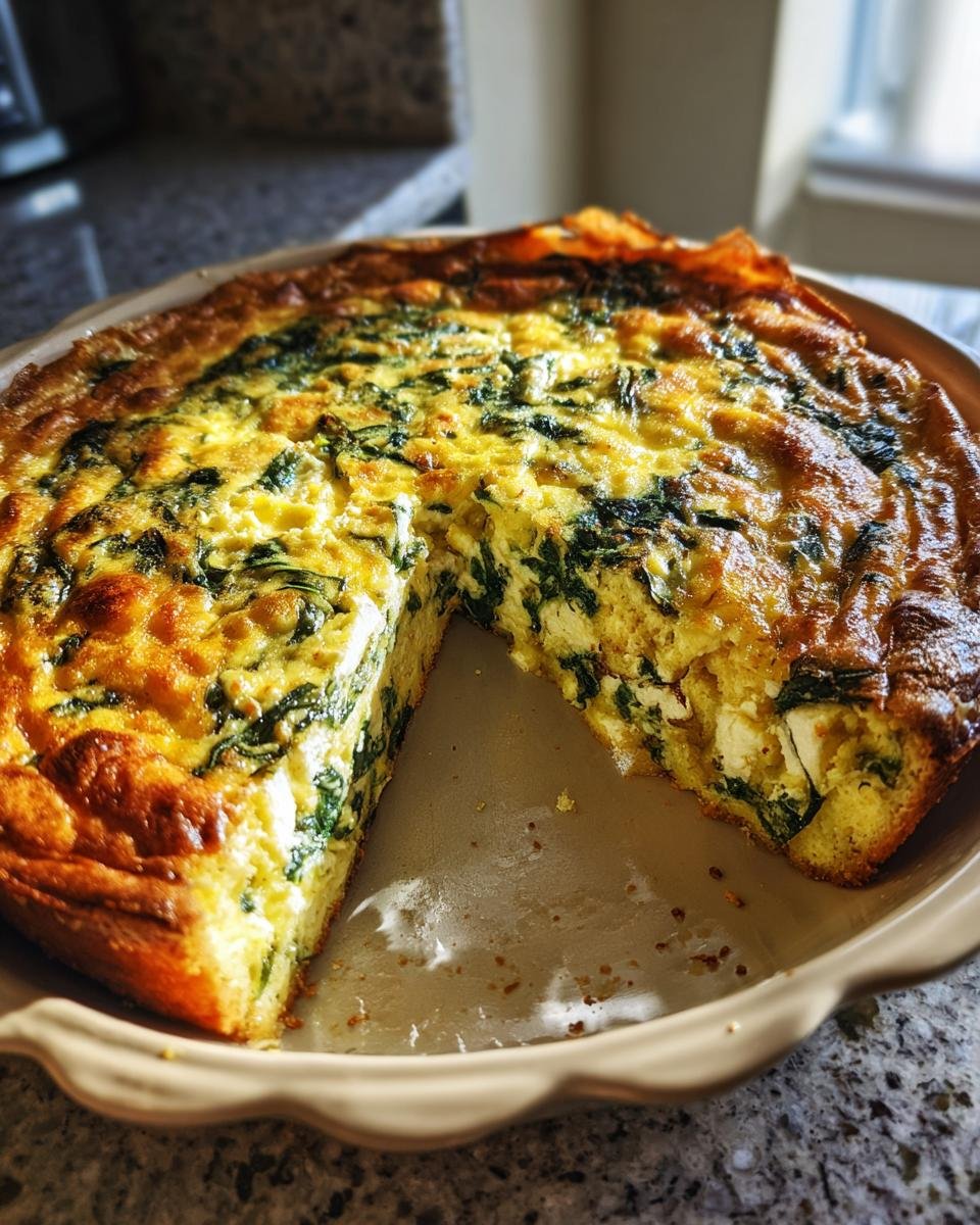 A freshly baked Cheese and Spinach Crustless Quiche with a slice cut out, showing the filling.