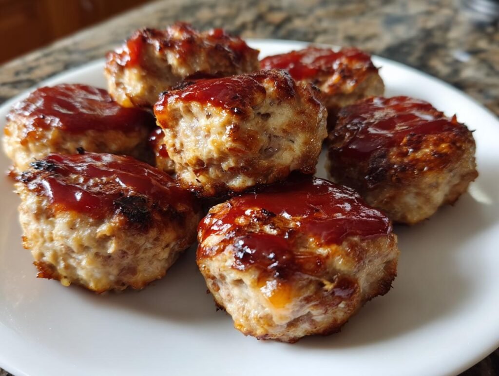 A plate of delicious Cheesy Stuffed Meatloaf Bites with a savory glaze.