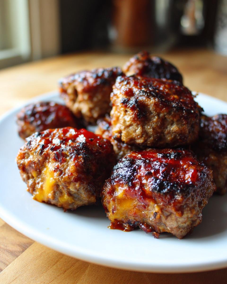 A plate of delicious Cheesy Stuffed Meatloaf Bites, glazed and ready to eat.