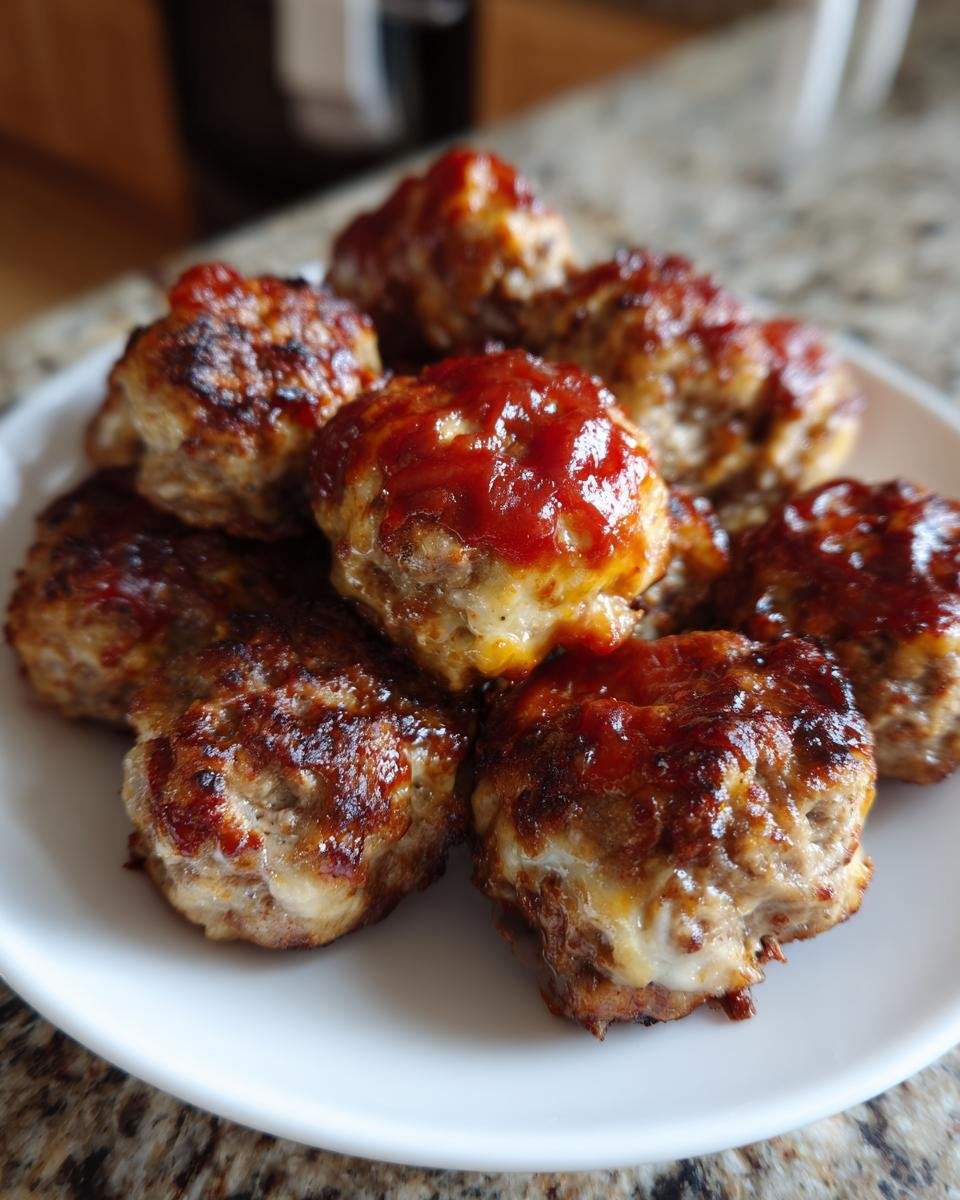 A plate of freshly baked Cheesy Stuffed Meatloaf Bites, glazed with a savory sauce.