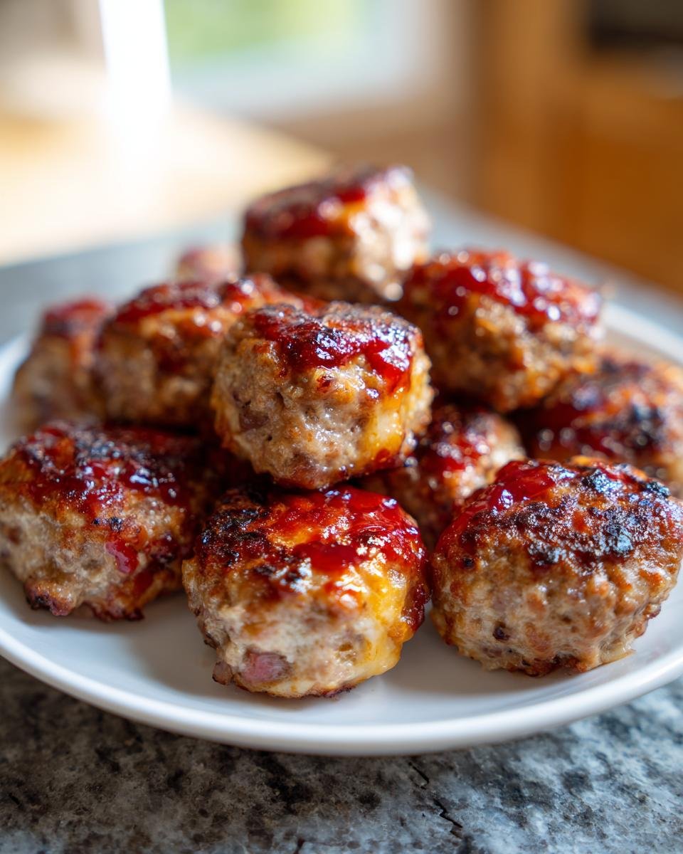 A plate piled high with delicious Cheesy Stuffed Meatloaf Bites, glazed and ready to eat.