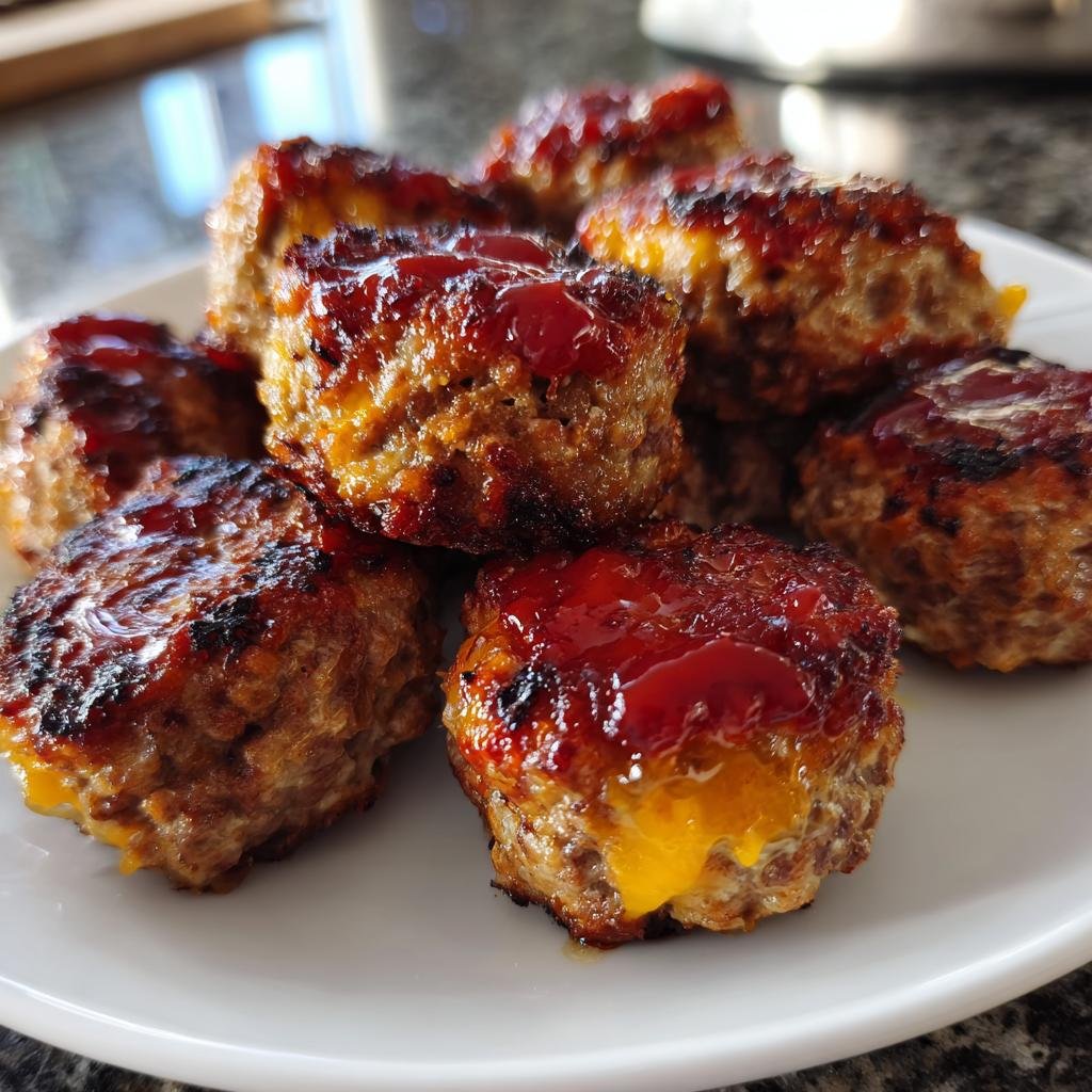 A plate of delicious Cheesy Stuffed Meatloaf Bites with melted cheese and a savory glaze.