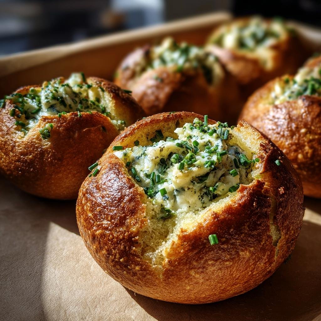 Close-up of Cheesy Thumbprint Appetizers filled with a creamy cheese mixture and garnished with fresh chives.
