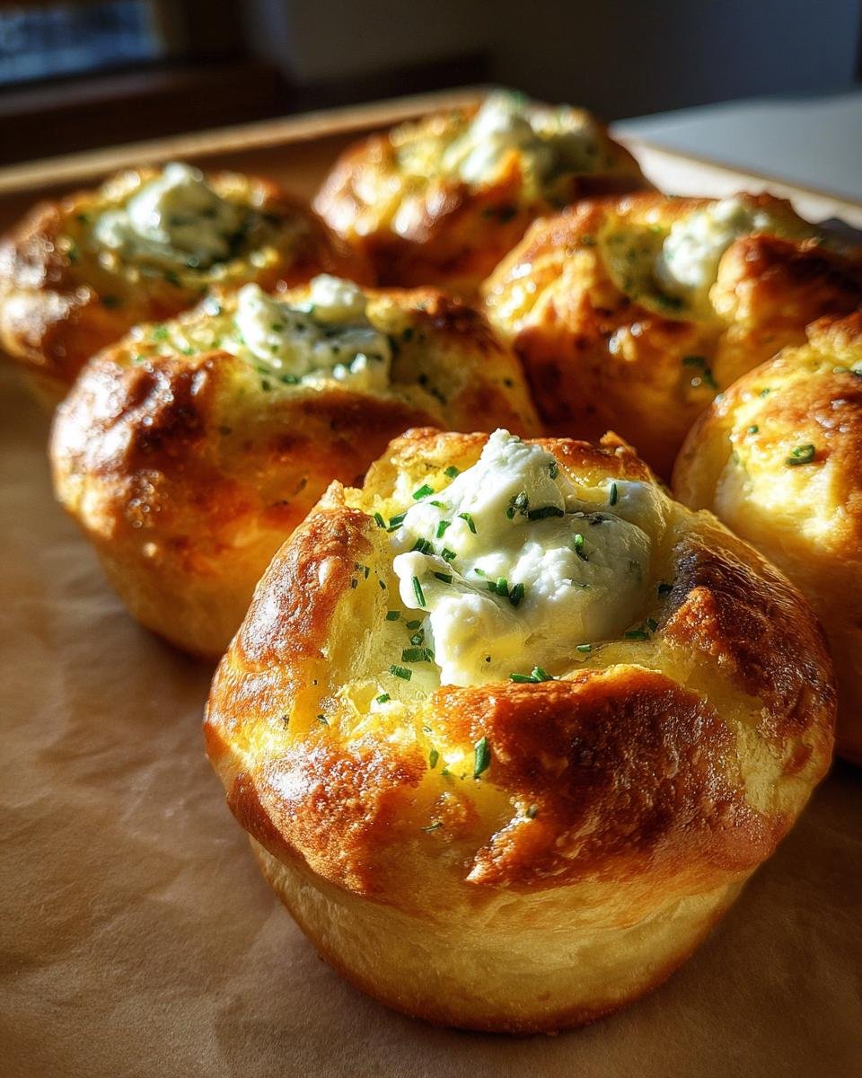 Close-up of golden Cheesy Thumbprint Appetizers filled with creamy cheese and herbs.