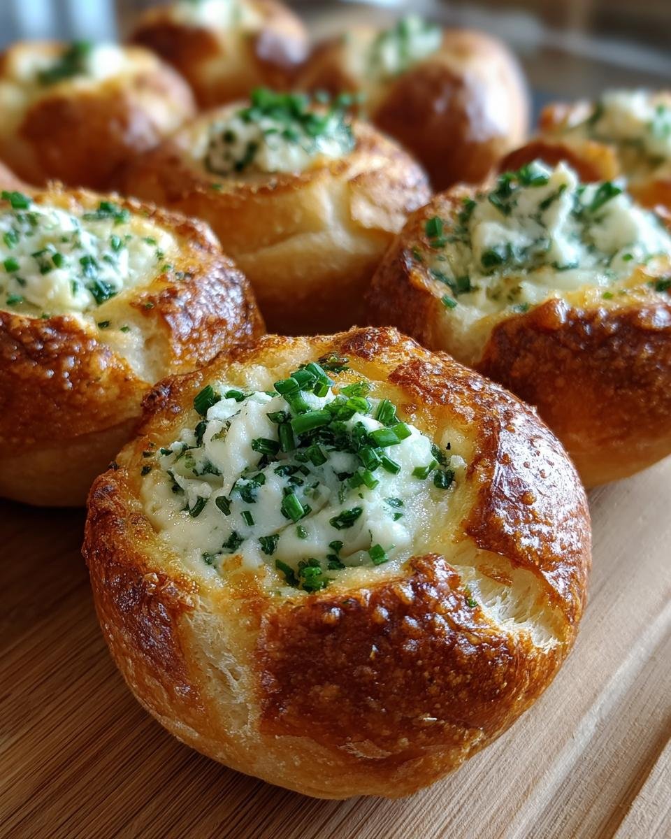 Close-up of Cheesy Thumbprint Appetizers filled with creamy cheese and topped with fresh chives.