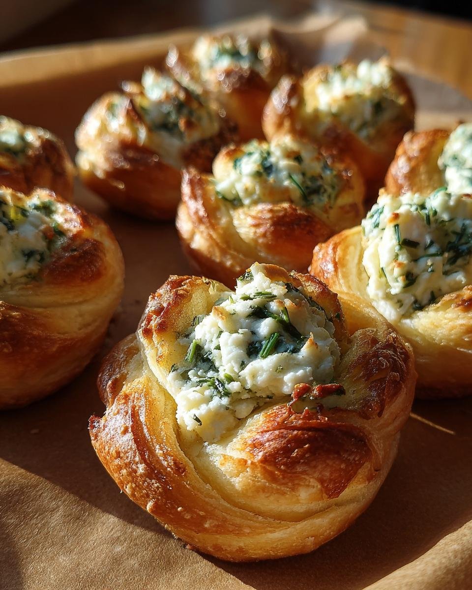Close-up of Cheesy Thumbprint Appetizers with flaky crust and creamy, herbed cheese filling.