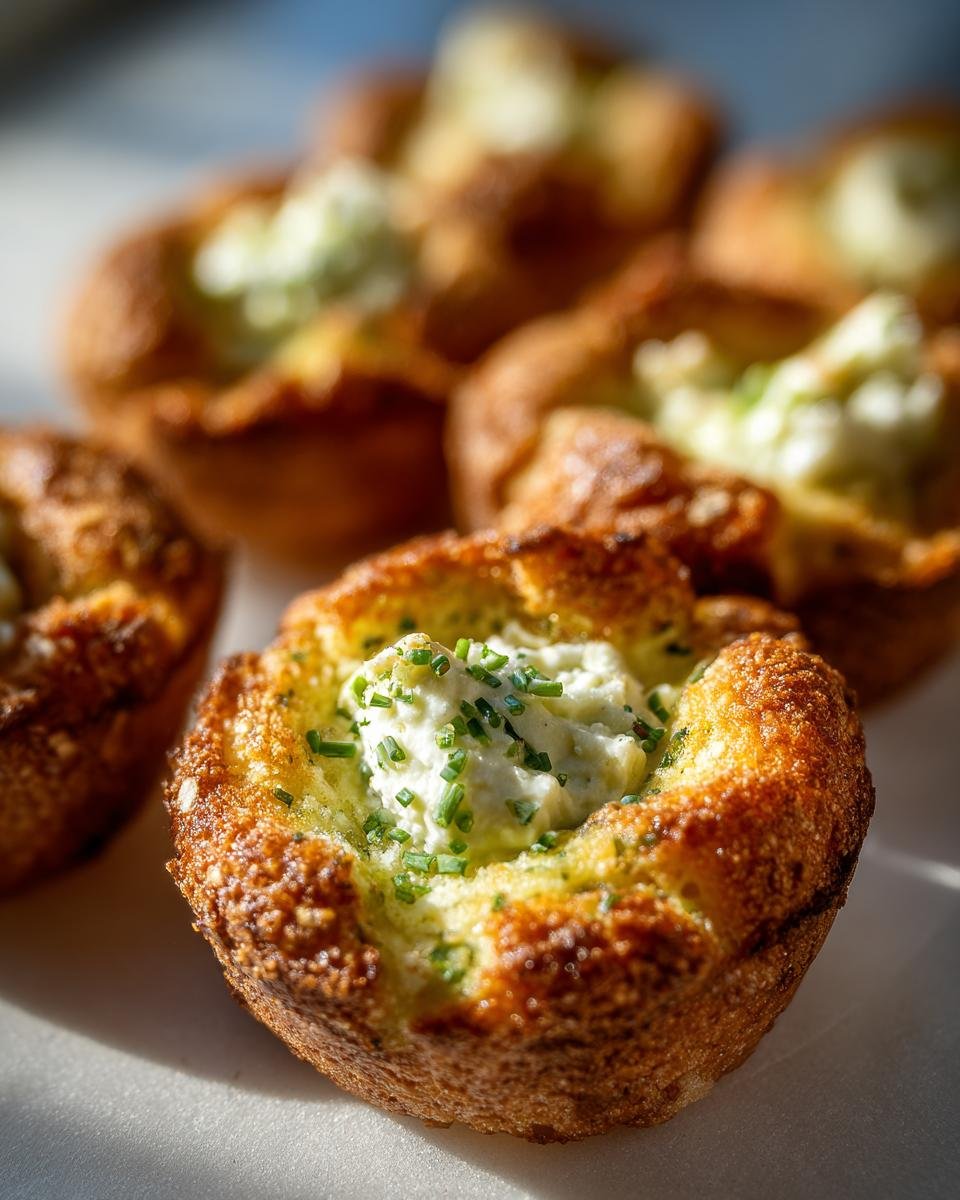 Close-up of Cheesy Thumbprint Appetizers filled with a creamy cheese mixture and garnished with fresh chives.