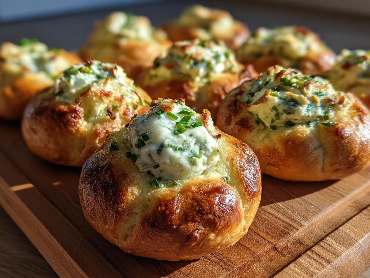 Close-up of Cheesy Thumbprint Appetizers on a wooden board, filled with a creamy, herbed cheese mixture.