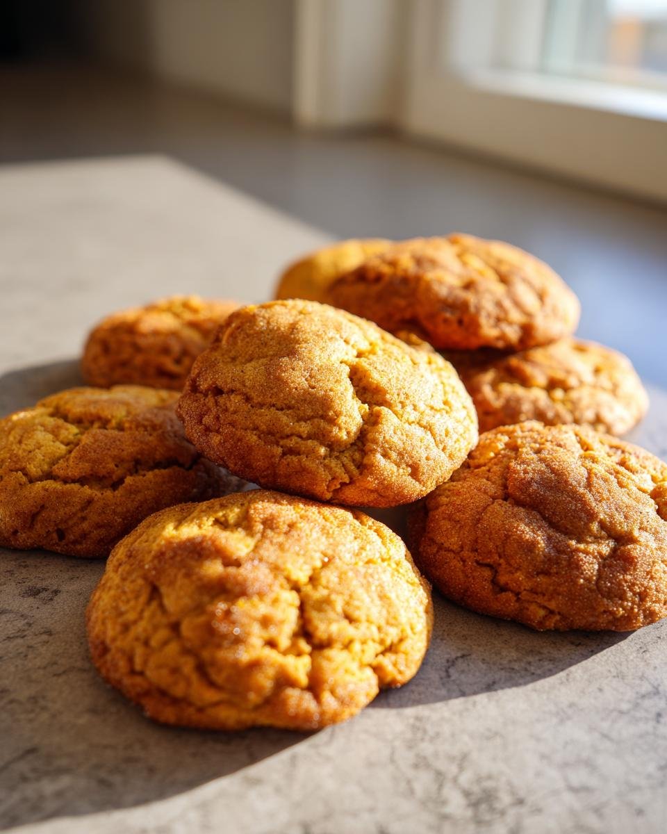 A stack of freshly baked Chewy Maple Pumpkin Cookies, golden brown and slightly cracked on top.