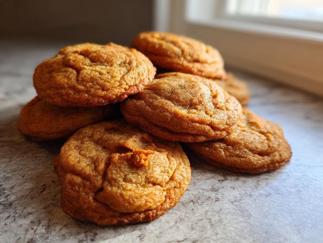 A stack of freshly baked, chewy maple pumpkin cookies on a countertop, ready to eat.