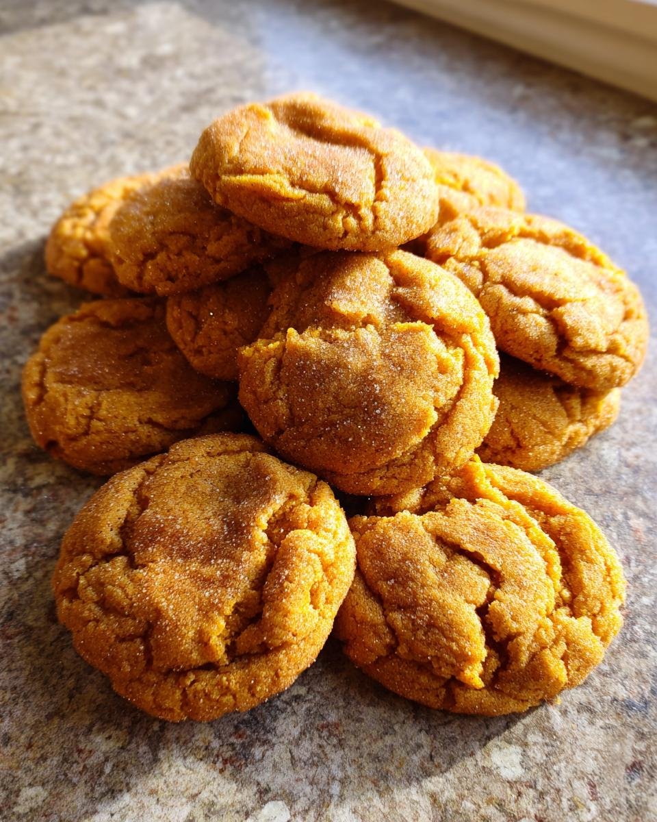 A stack of freshly baked Chewy Maple Pumpkin Cookies, golden brown and sprinkled with sugar.