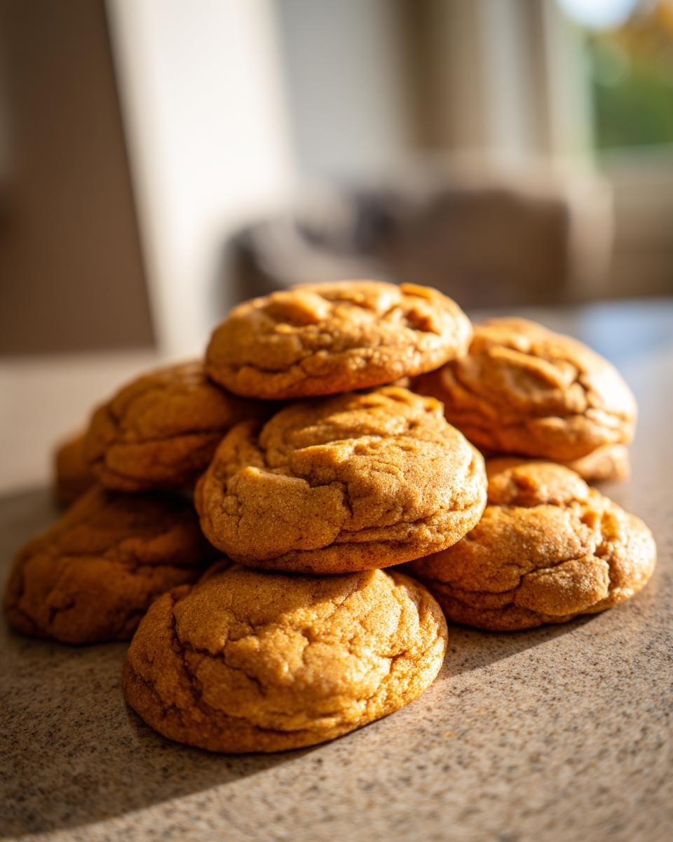 A stack of freshly baked chewy maple pumpkin cookies, golden brown and slightly cracked on top.