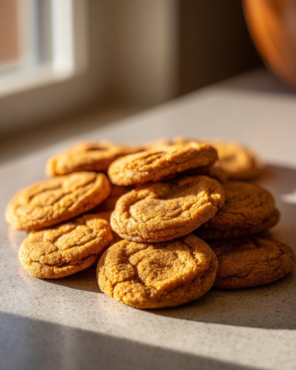 A stack of freshly baked Chewy Maple Pumpkin Cookies on a countertop, lit by natural light.