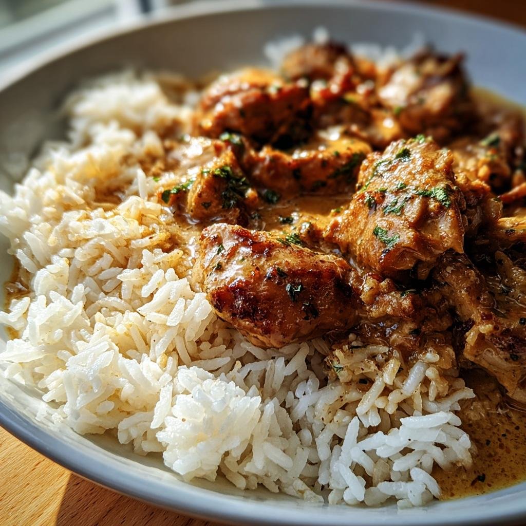 A bowl of Chicken and Rice, featuring tender chicken pieces in a creamy sauce served over fluffy white rice.