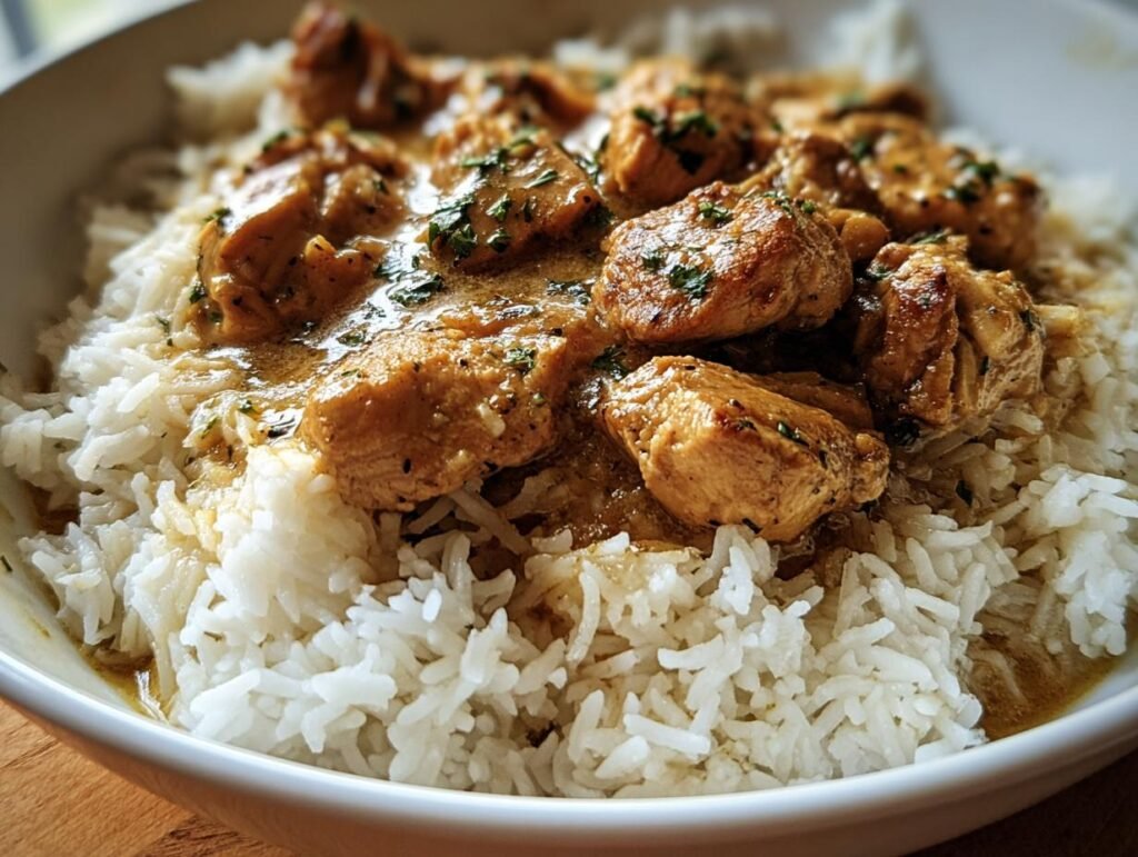 Close-up of a bowl of Chicken and Rice, featuring tender chicken pieces and fluffy white rice.