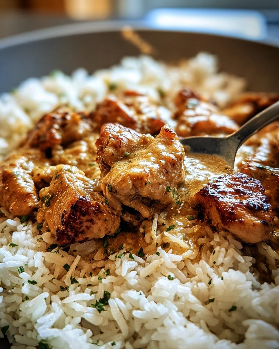 Close up of a bowl of Chicken and Rice with gravy, garnished with parsley, ready to eat.