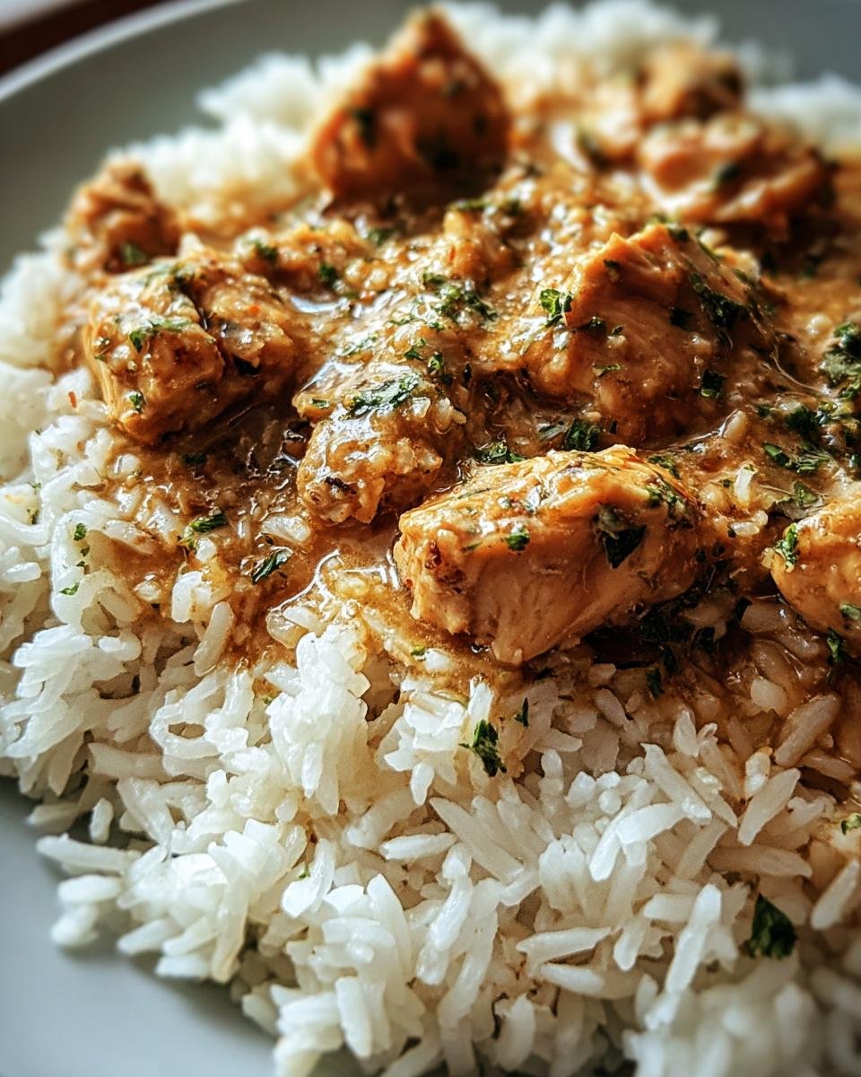 Close-up of a bowl of Chicken and Rice, featuring tender chicken pieces in a savory sauce over fluffy white rice.