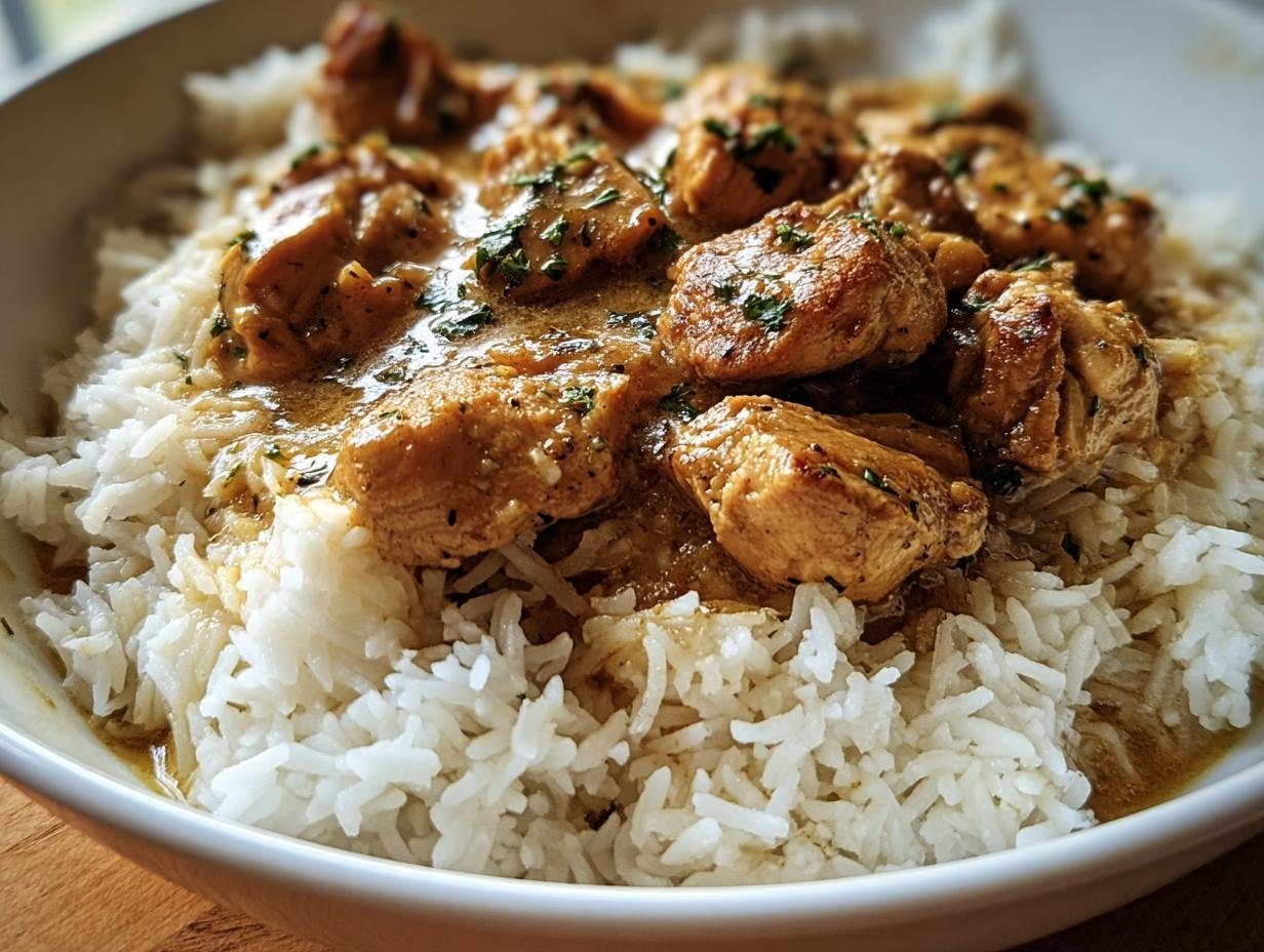 Close-up of a bowl of Chicken and Rice, featuring tender chicken pieces and fluffy white rice.