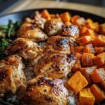 A flavorful bowl of chicken and sweet potato with rice and greens, ready to eat.