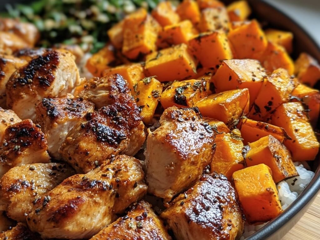A colorful bowl of roasted chicken and sweet potato cubes, garnished with herbs and served over rice.