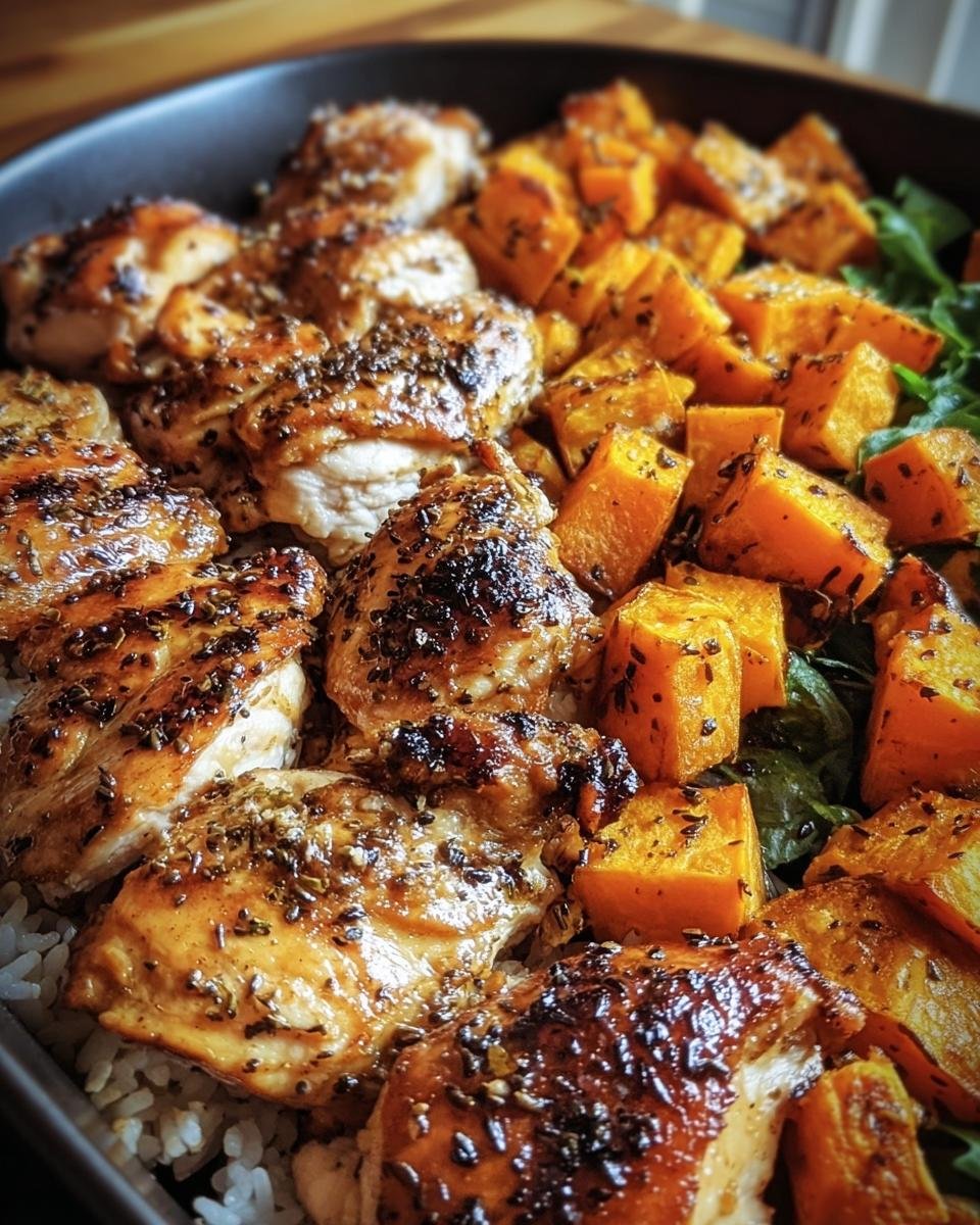 Close-up of roasted Chicken and Sweet Potato with herbs, served over rice and greens in a pan.