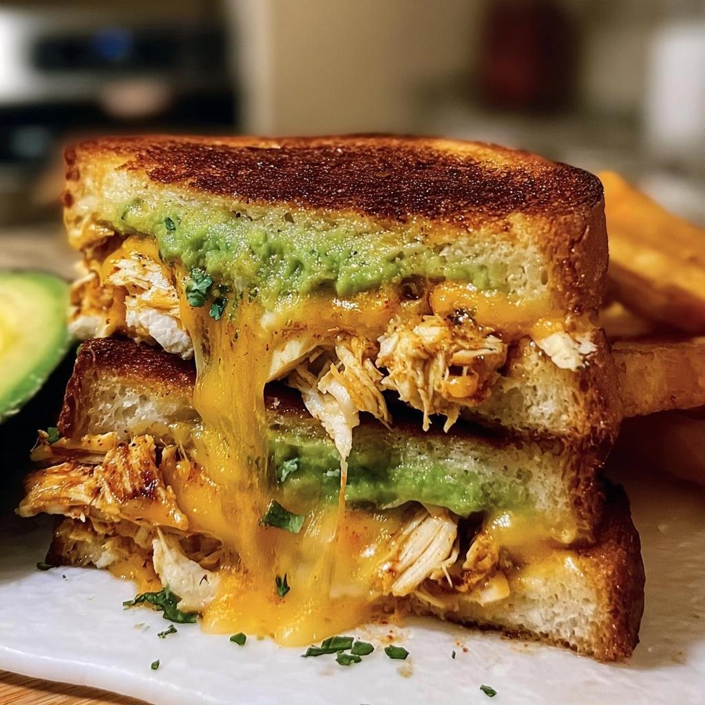 Stacked Chicken Avocado Melt Sandwich with melted cheese and toasted bread, served with fries.