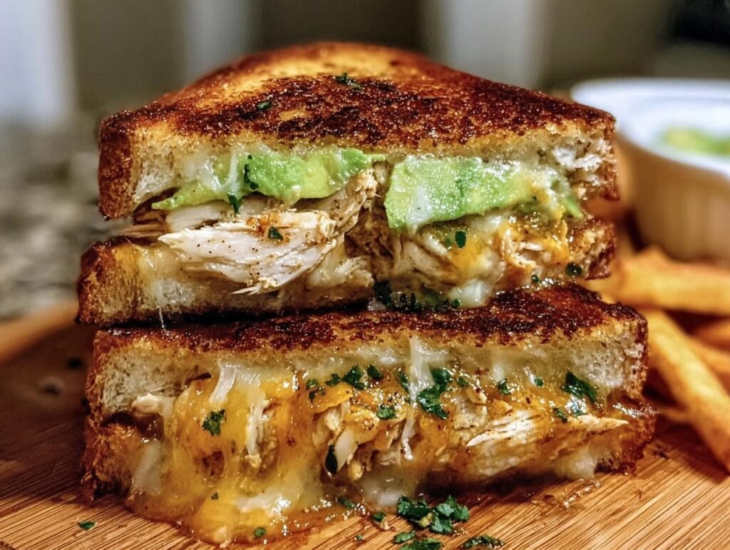 A delicious stacked Chicken Avocado Melt Sandwich with melted cheese and toasted bread.