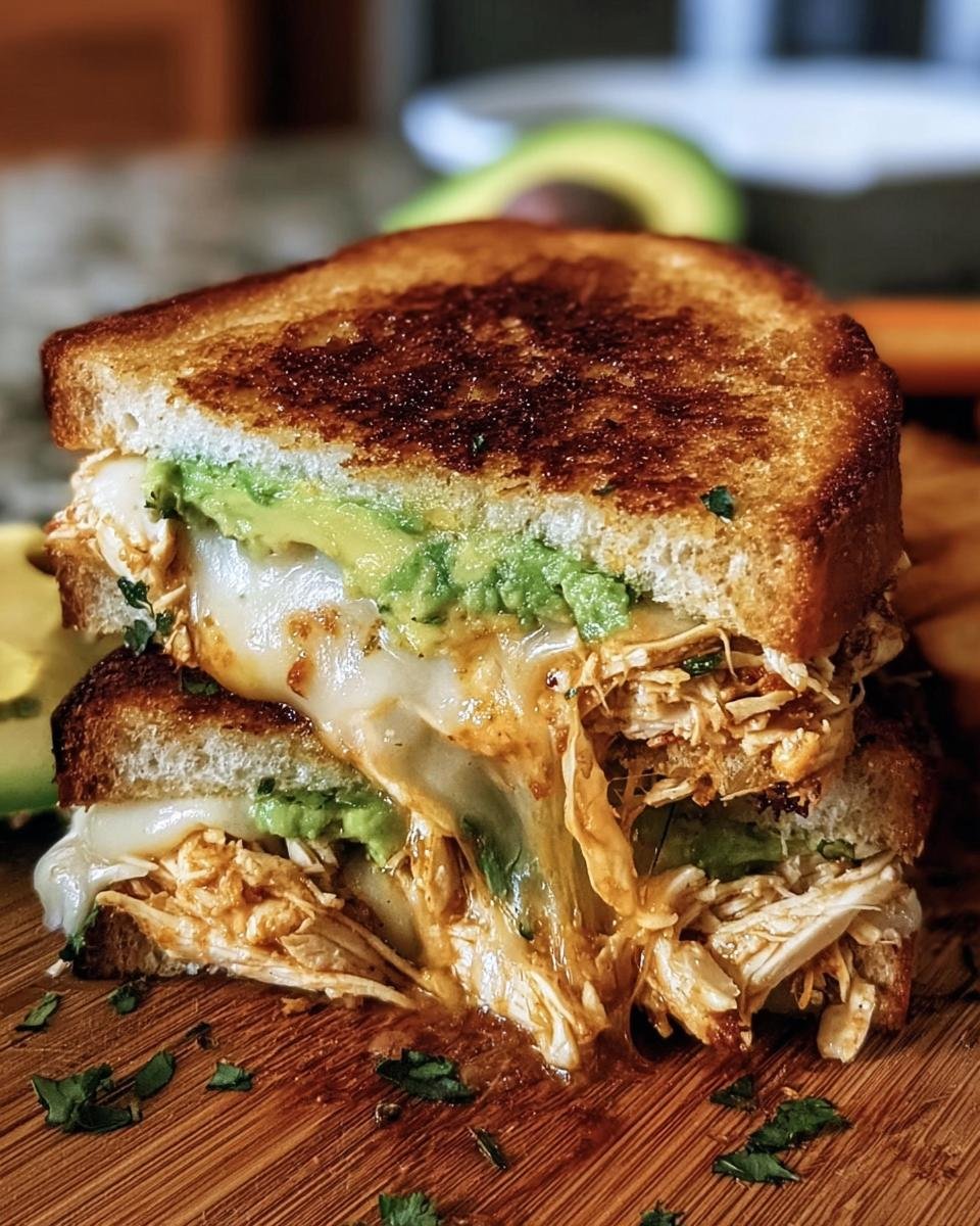 A delicious Chicken Avocado Melt Sandwich with melted cheese on toasted bread, served on a wooden board.