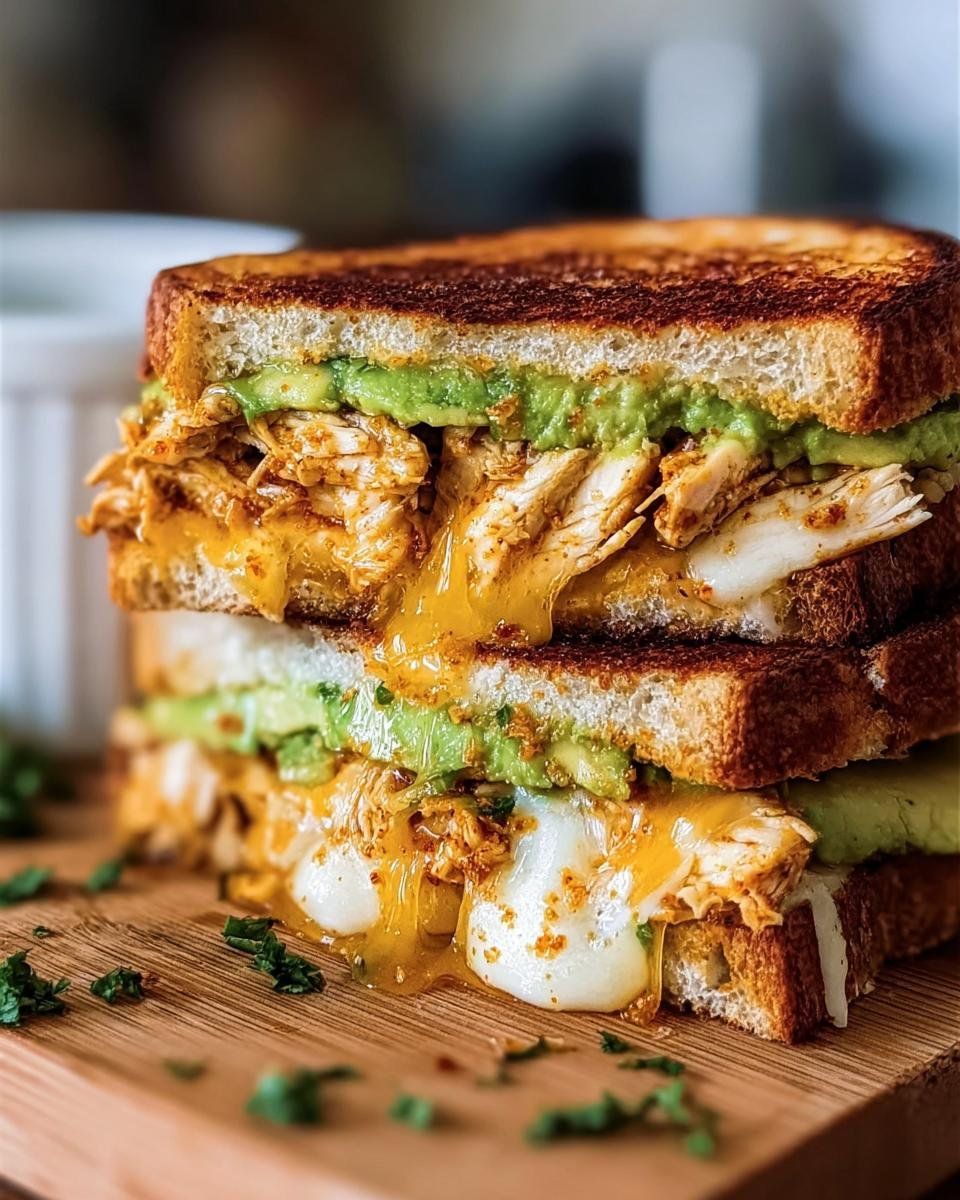 Stacked Chicken Avocado Melt Sandwich with melted cheese and toasted bread. Delicious and easy recipe.