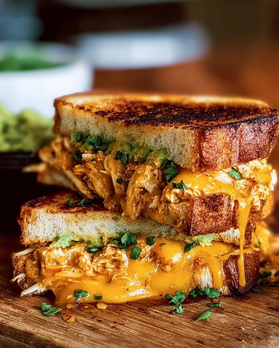 Stacked Chicken Avocado Melt Sandwich with melted cheese, avocado, and toasted bread on a wooden board.