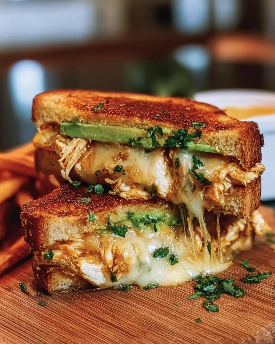Two halves of a Chicken Avocado Melt Sandwich stacked, cheese oozing, garnished with parsley.