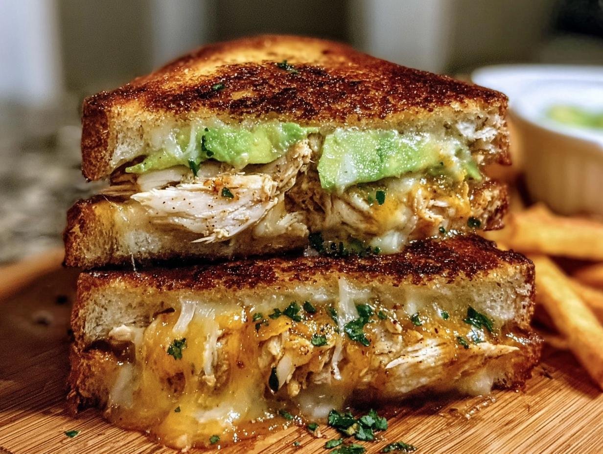 A delicious stacked Chicken Avocado Melt Sandwich with melted cheese and toasted bread.